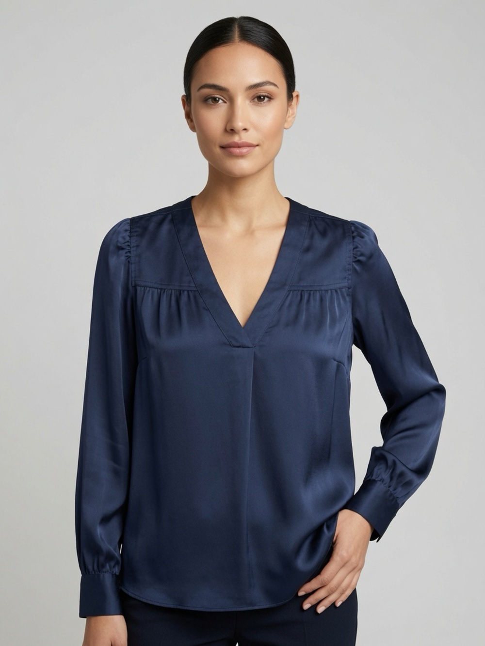 White House Black Market Navy Satin V-Neck Blouse with Long Sleeves